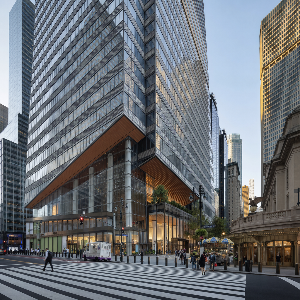 Photorealistic plaza-level exterior view of One Vanderbilt at the base and entrance near Grand Central Terminal