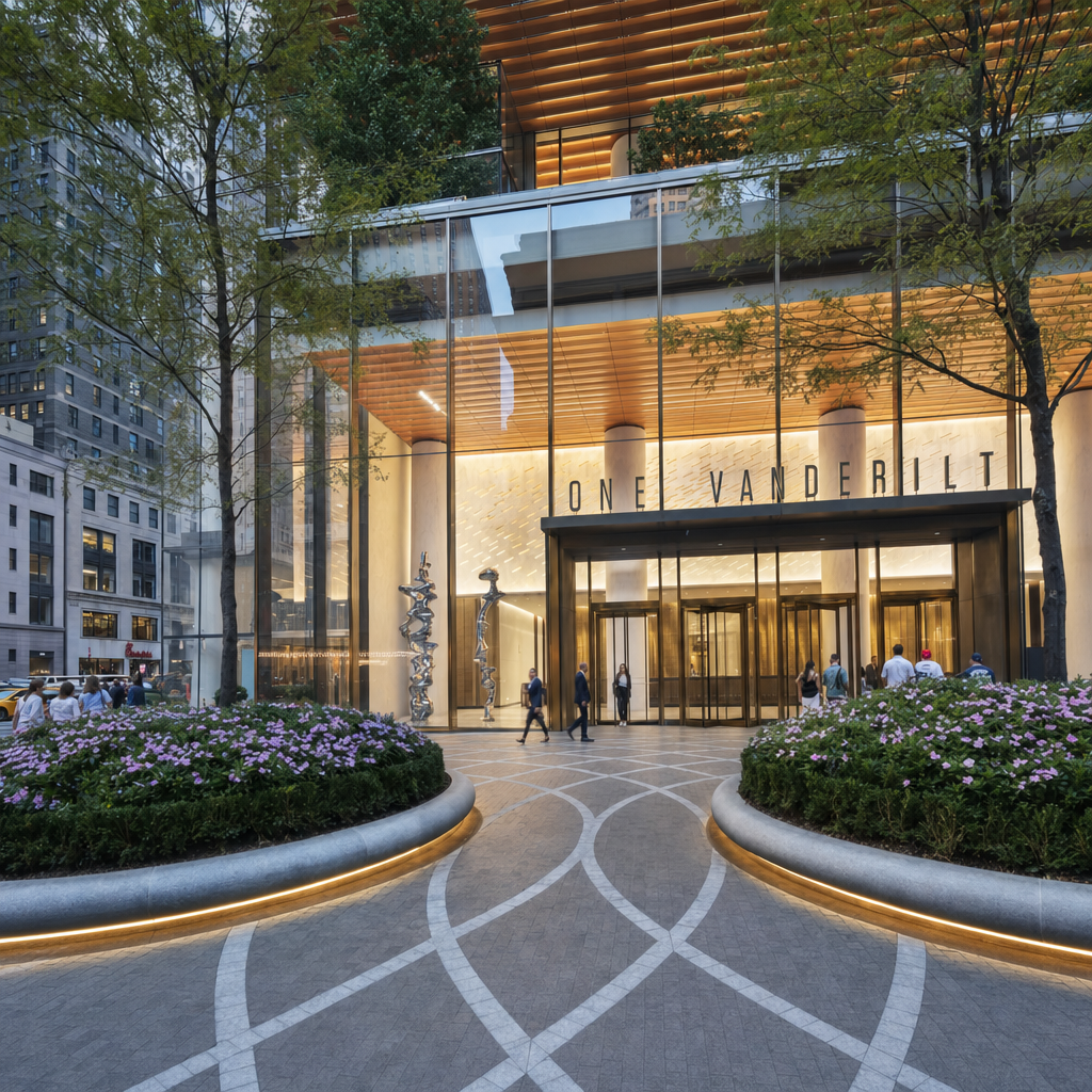 Photorealistic public-realm view of One Vanderbilt and its plaza connection in Midtown East