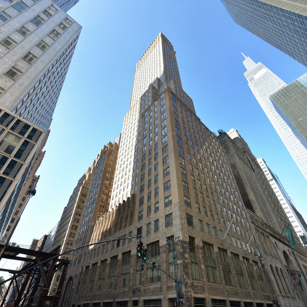 Photorealistic street-level exterior approach to The Chanin Building at 122 East 42nd Street
