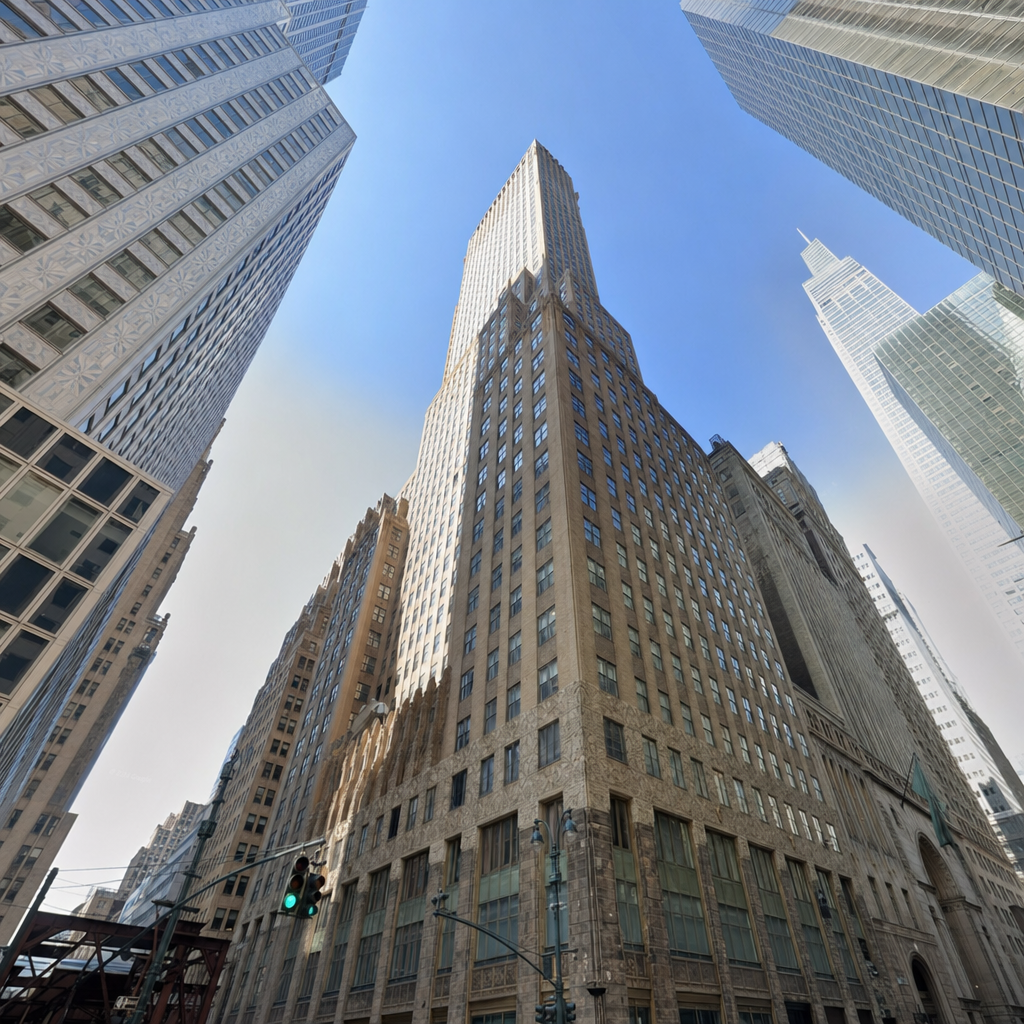 Photorealistic Midtown streetscape context around The Chanin Building at 122 East 42nd Street