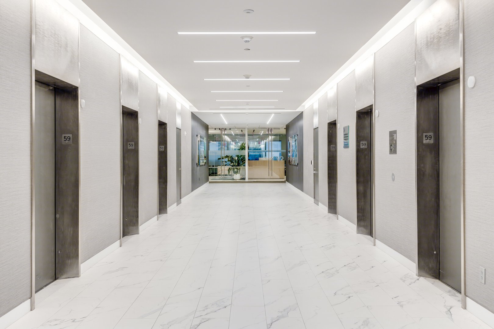 Modern commercial office elevator lobby
